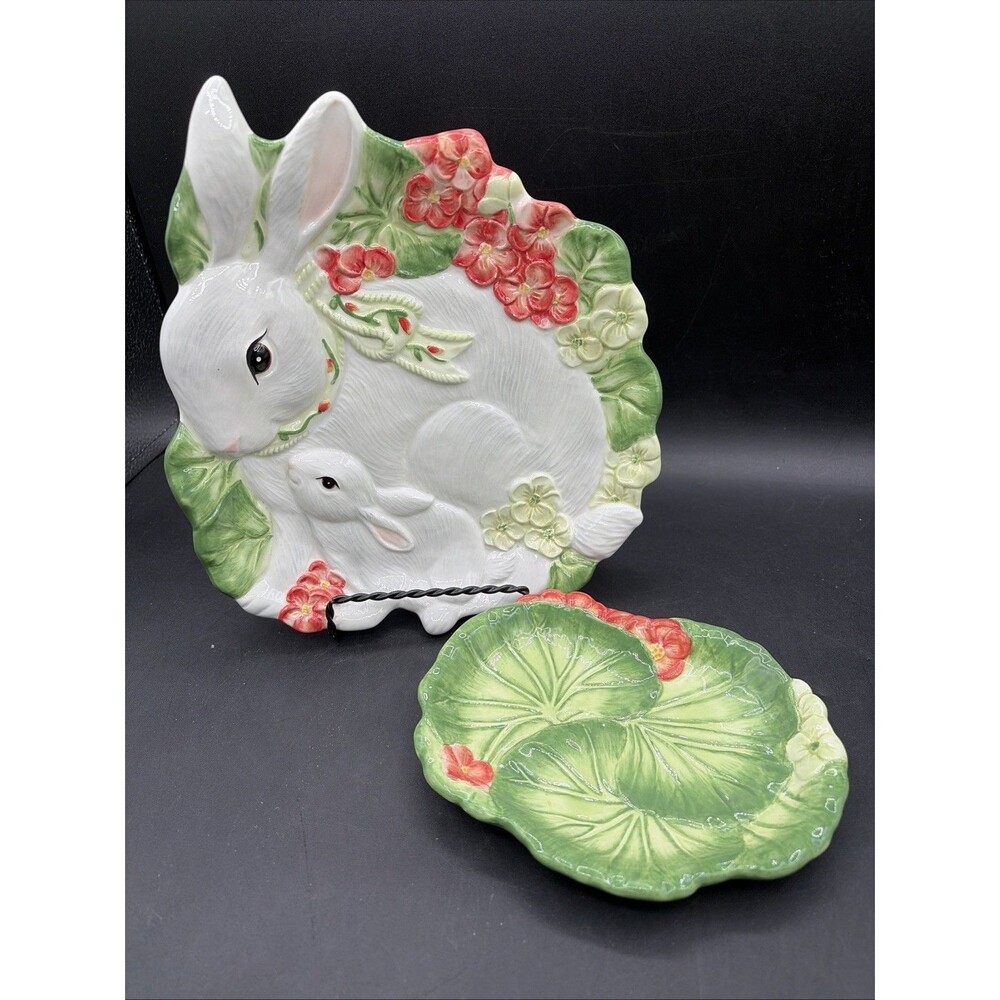 Fitz and Floyd Vintage Geranium Rabbit Canape Plate Spring Bunny & Side Plate